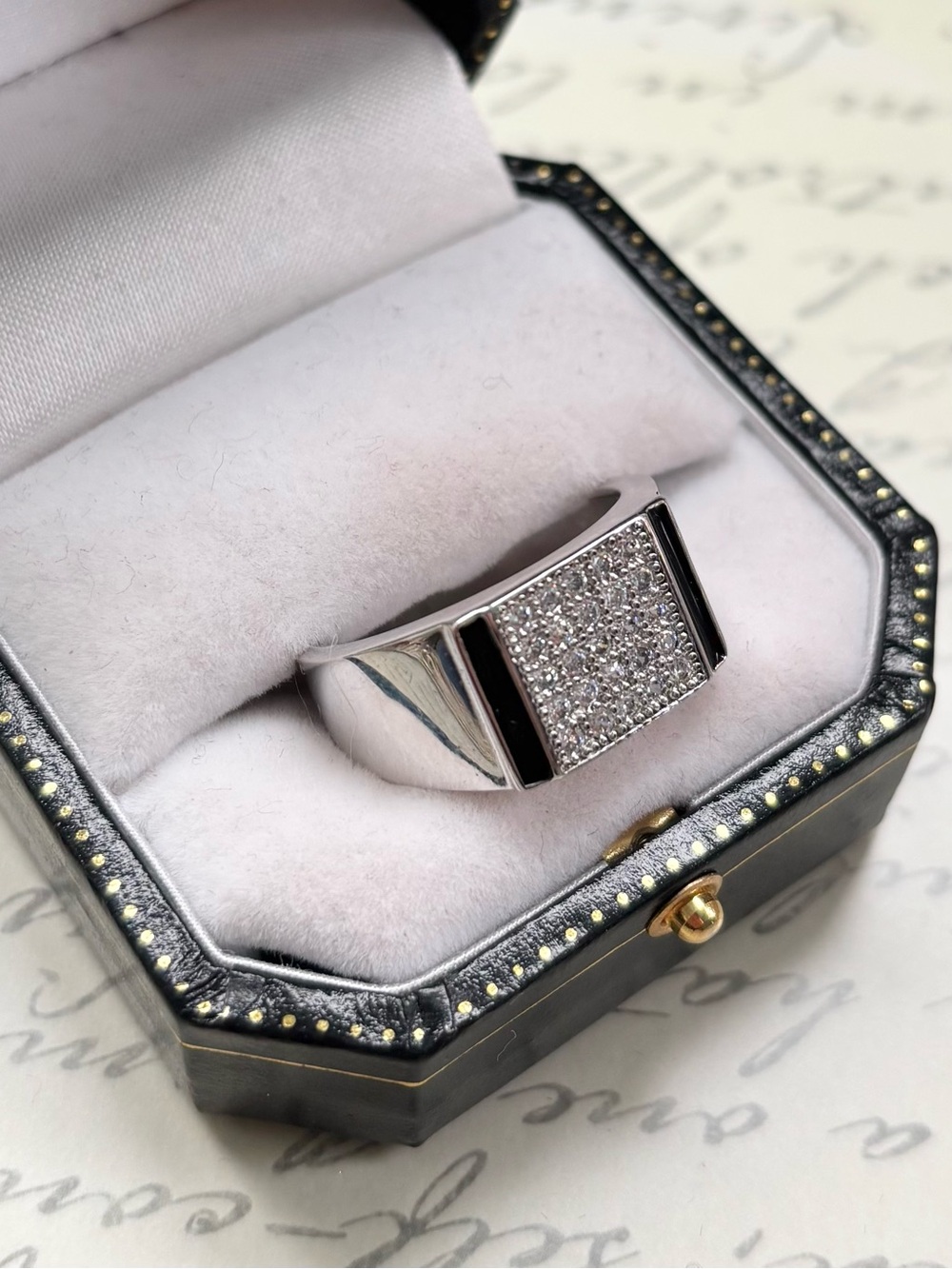 Sterling Silver Men's Ring Black Enamel Inlay & Cubic Zircona Stones size 9